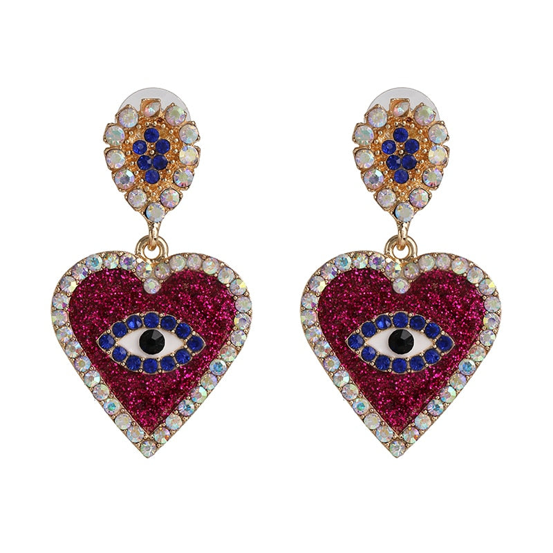 AVEURI Trendy Ethnic Love Heart Shape Evil Eye Drop Earrings For Women Vintage Statement Crystal Dangle Earring Jewelry Gift