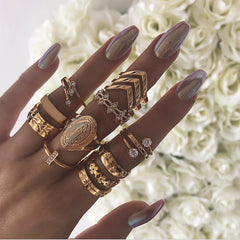 Tocona Women Punk Gold Color Flower Virgin Mary Crystal Gem Leaf Hollow Midi Knuckle Rings Set Boho Geometric Rings Gift A20234