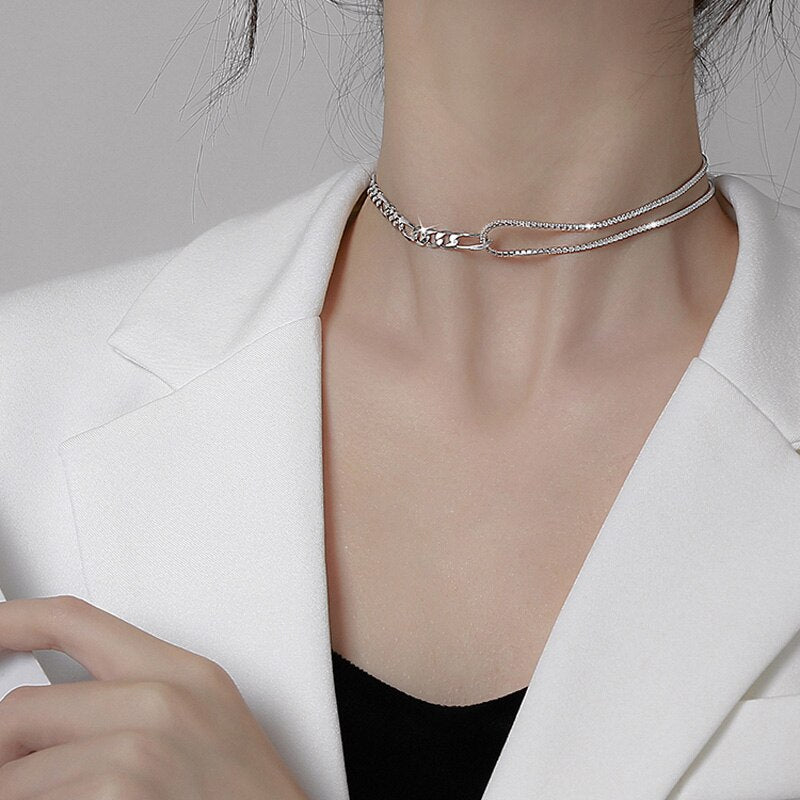 Christmas Gift New Trendy Silver Color Shiny  Zircon Chain Choker For Women Wedding Necklace Gift Fine Jewelry NK070