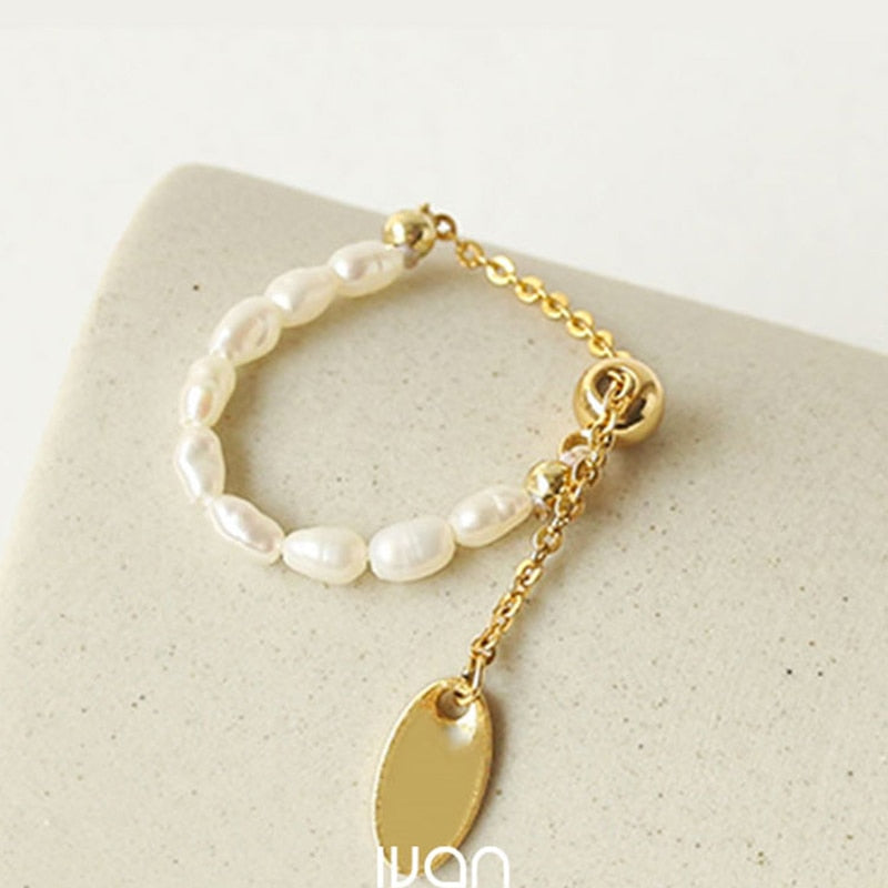 Christmas Gift French Simple Retro Pearl Chain Pull Adjustment Gold Rings Wedding Girl's Elegant Accessories Fashion Finger Jewelry For Woman