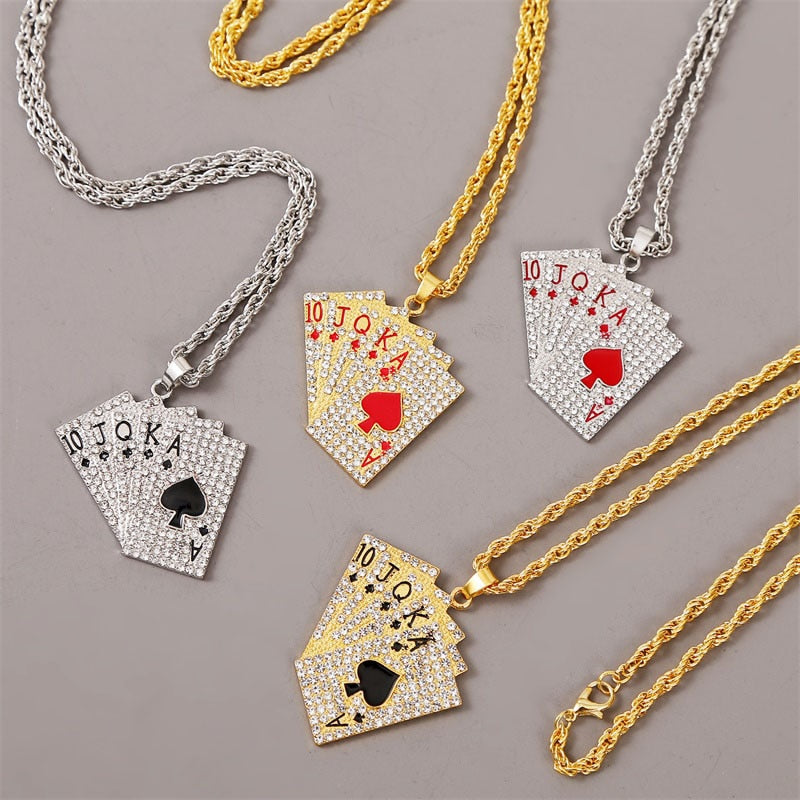 Hip Hop Jewelry Women Men Statement Enamel Playing Cards Pendants Necklaces Hip Hop Jewelry Fashion Gold Silver Color Necklace