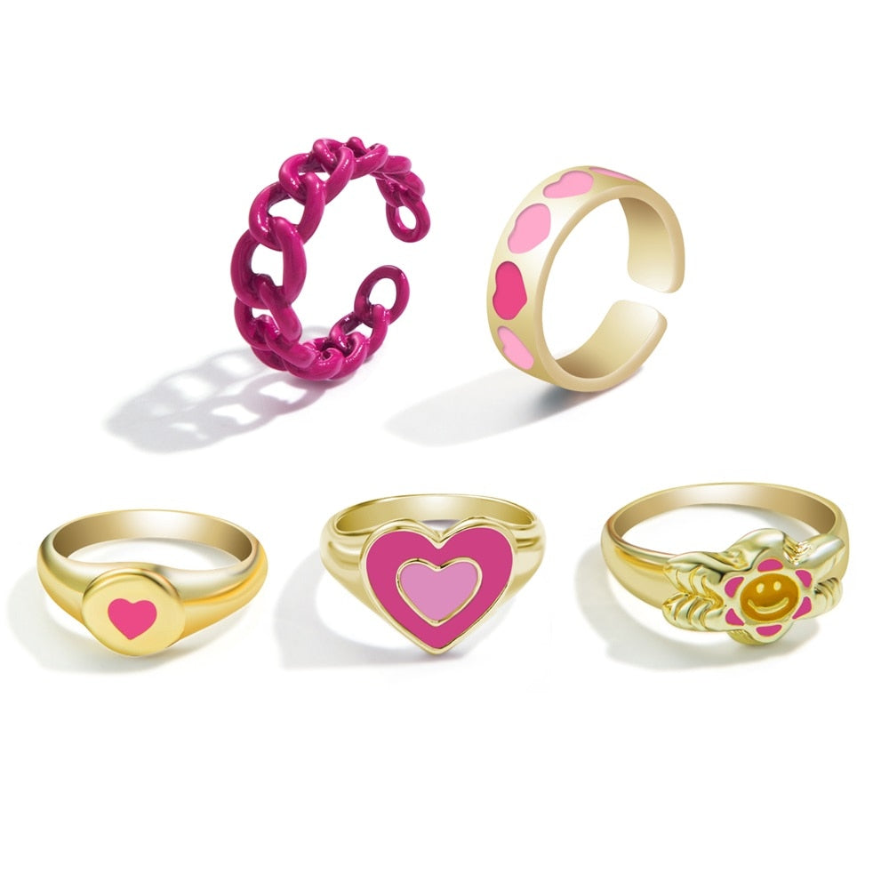 Aveuri Y2K Style Korean Colorful Resin Chain Rings Set for Women Fashion Colorful Multilayered Heart Ring Wholesale Jewelry