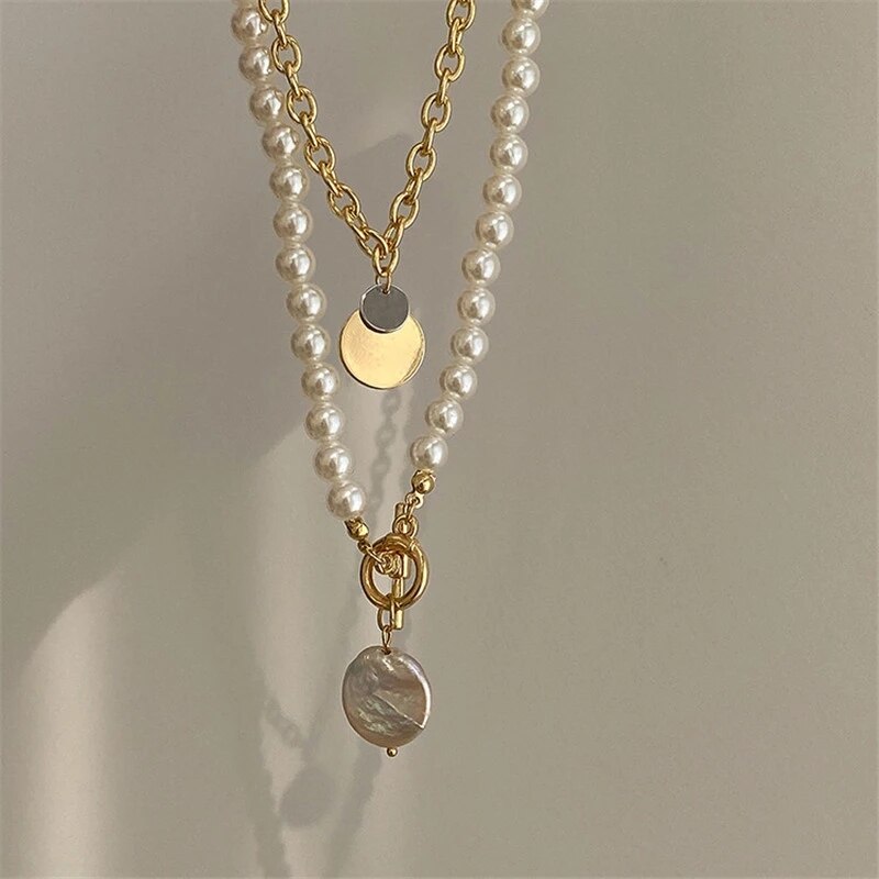 Aveuri 2023 2Pcs/SET Korea Sweet Pearl Wafer Pendant Simple Personality Metal Gold Geometic Necklace For Women Jewelry