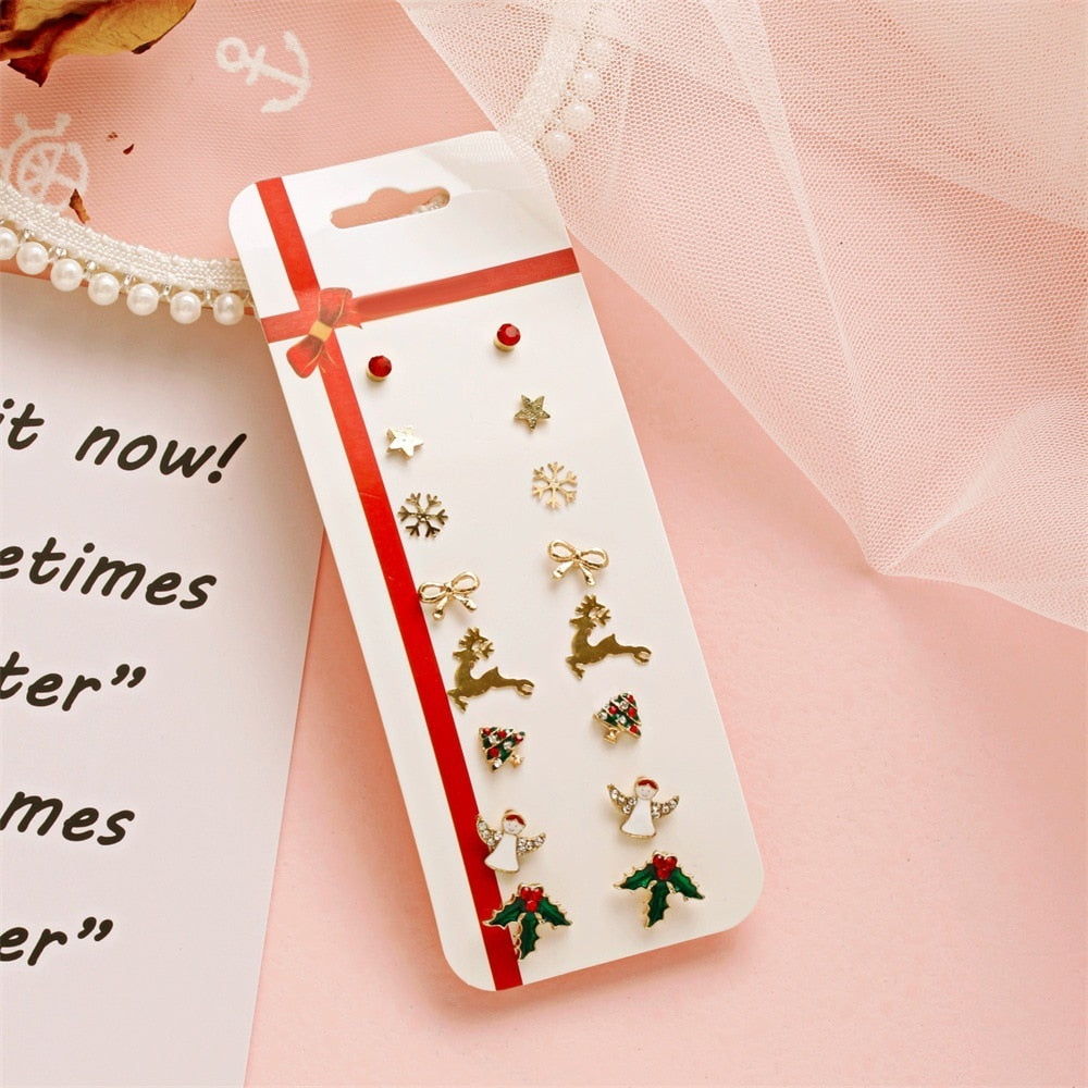 Christmas Gift 8pcs/set Christmas Earrings Jewelry Accessories Set Cute Santa Claus Snowman Tree Bell Christmas Gifts For Women Girls Kids