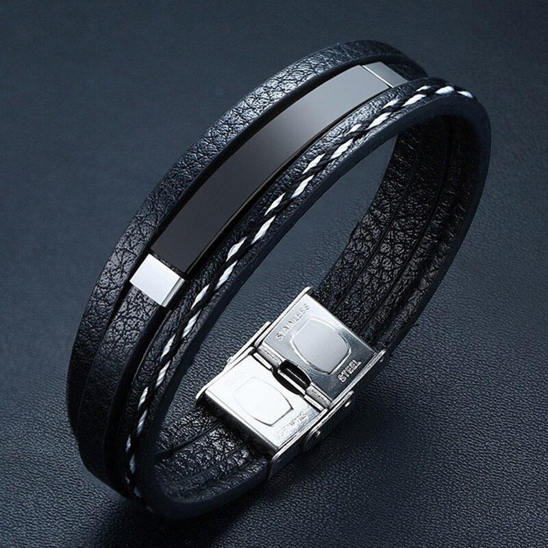 Vnox Multi Layer Leather Bracelets for Men Women Customizable Engraving Stainless Steel Casual Personalized Bangle