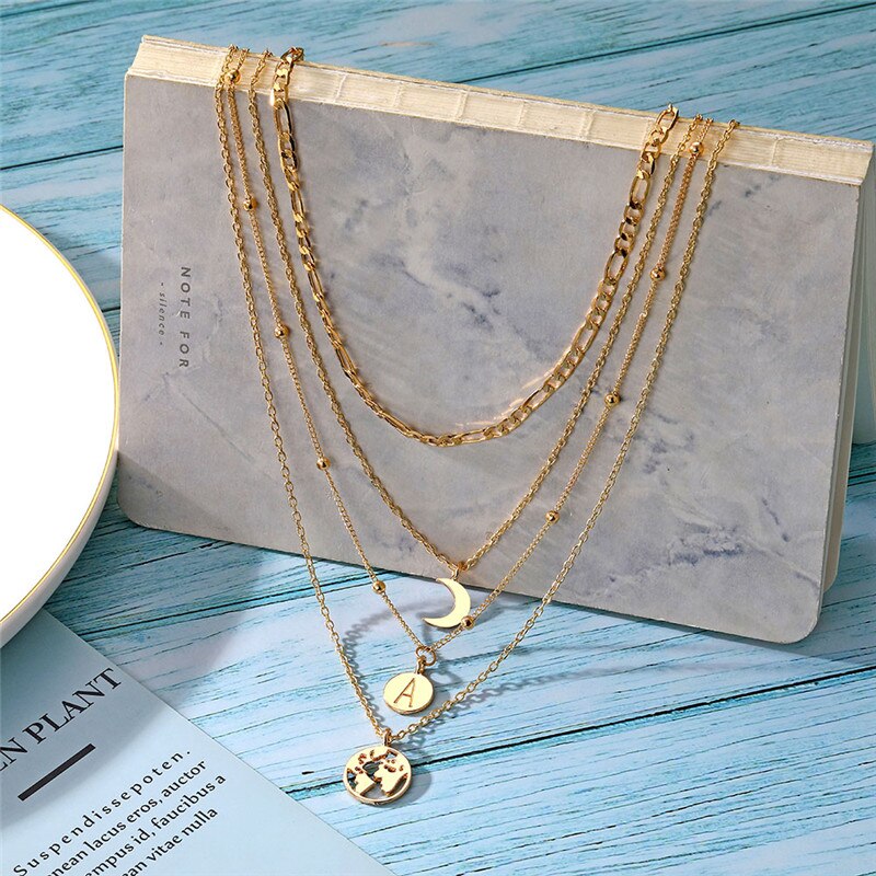 Aveuri Multilayer Moon Map Pendant Necklace For Women Gold Color Round Circle Letter Chain Choker Necklaces Jewelry Party Gift New