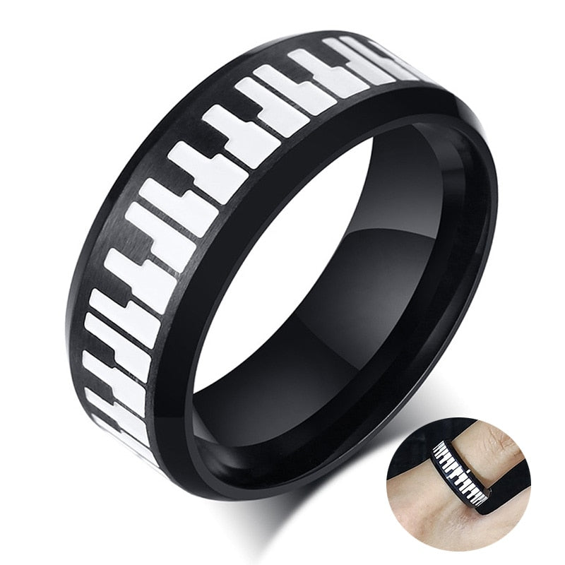 Piano Keys Ring Stainless Steel 2-tone Musical Theme 8mm Wedding Band Anniversary Band Men Women Keyboard Ring