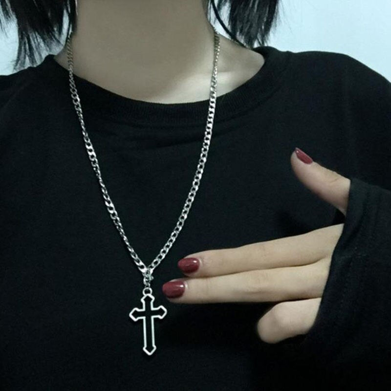 Christmas Gift Vintage Gothic Hollow Cross Pendant Necklace Silver Color Cool Street Style Punk Necklace For Women and Men Fashion Jewelry