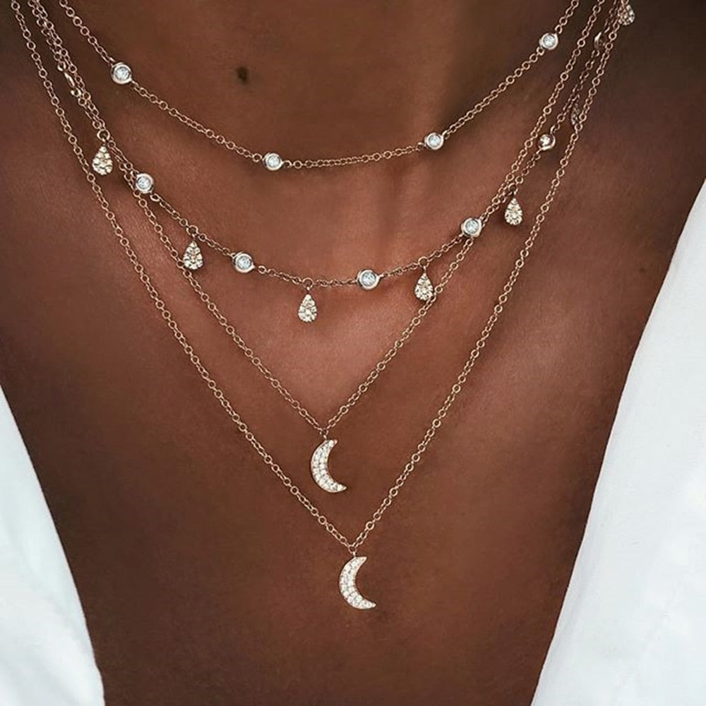 Aveuri Multilayer Moon Map Pendant Necklace For Women Gold Color Round Circle Letter Chain Choker Necklaces Jewelry Party Gift New