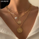 Aveuri Vintage Multi Layer Carved Coin Portrait Pendant Necklace for Women Kpop Baroque Pearl Beads Chain Necklace Fashion Jewelry 2023