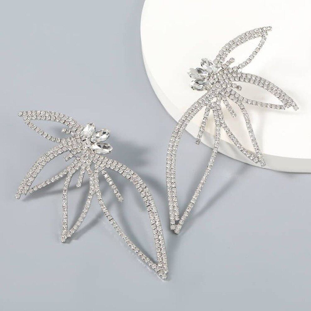 Aveuri Novelly Full Rhinestone Studded Flower Shape Big Drop Earrings Jewelry For Women Luxury Crystal Geometric Dangle Stud Earrings