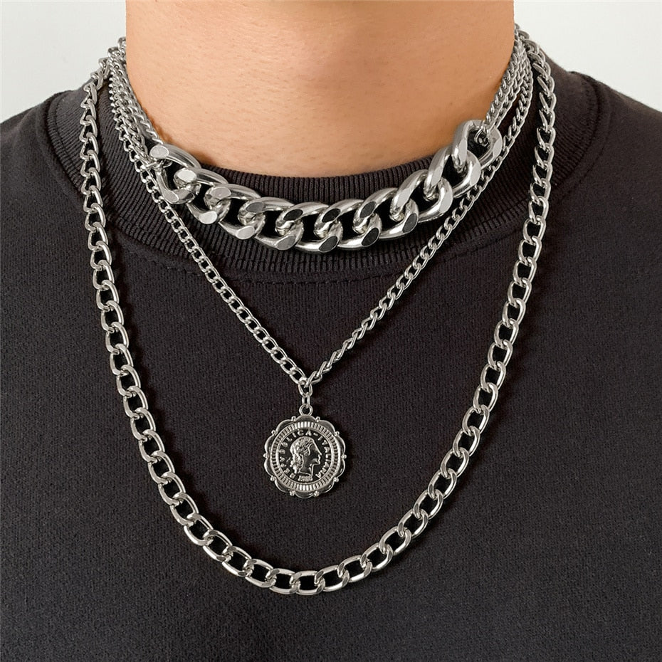 Aveuri Punk Miami Cuban Choker Necklace Steampunk Men Jewelry Vintage Big Coin Pendant Chunky Chain Necklace For Women Neck Accessories