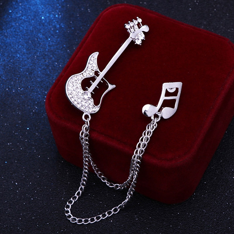 HUISHI Rhinestone Brooch Korean Luxury Rhinestone Music Note Brooch Guitar Tassel Chain Lapel Pins Men's Suit Buckle Pin For Men