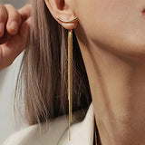 Christmas Gift Vintage Gold Color Bar Long Thread Tassel Drop Earrings for Women Glossy Arc Geometric Korean Fashion Jewelry Hanging Pendientes