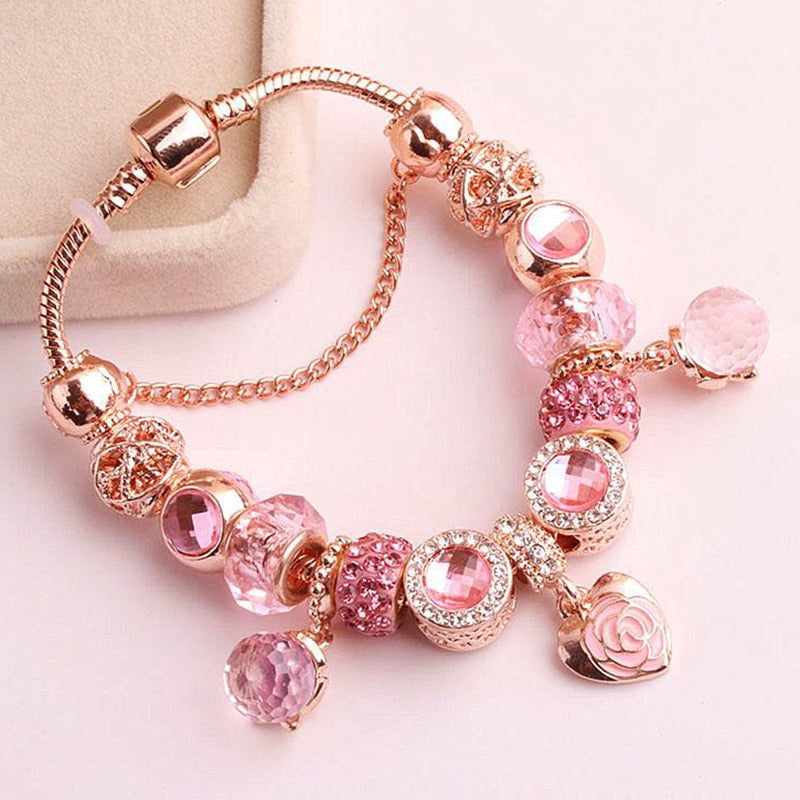 Aveuri High Quality Rose Gold Crystal Charm Bracelets For Women With Pink Leaves Bracelets & Bangles Fashion Jewelry Gift Dropshipping