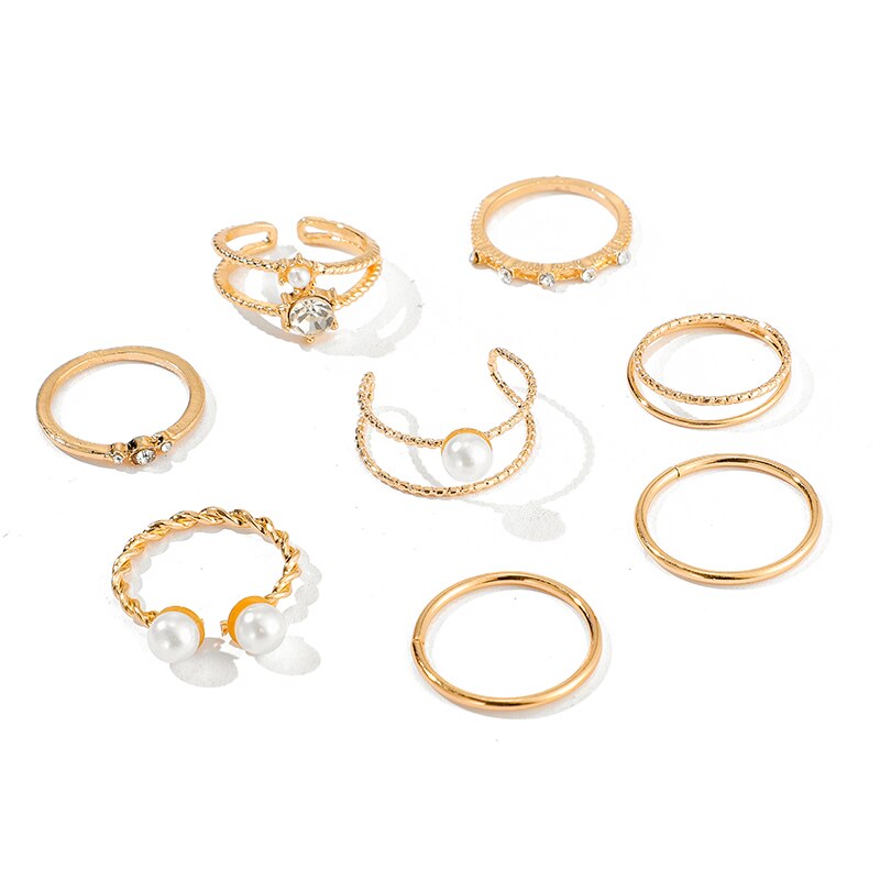 Tocona 8Pcs /set Bohemian Gold Open Pearl Finger Rings for Women Elegant Ladies Wedding knuckle Ring Jewelry Accessory 9016