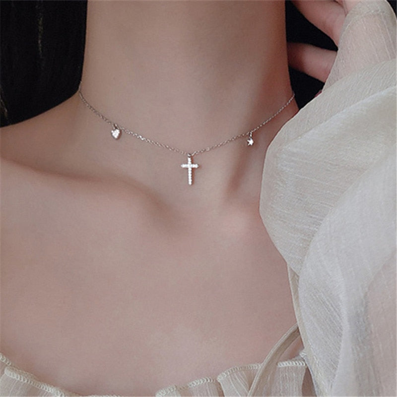 Christmas Gift Cross Heart Star Charm Pendant Choker Necklace For Women Girls Statement Jewelry dz875