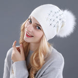 Christmas Gift Women Winter Beanies Hat for Women Shining Rhinestone Cashmere Wool Knitted Hat The Female Winter Hat Fur Pom Pom