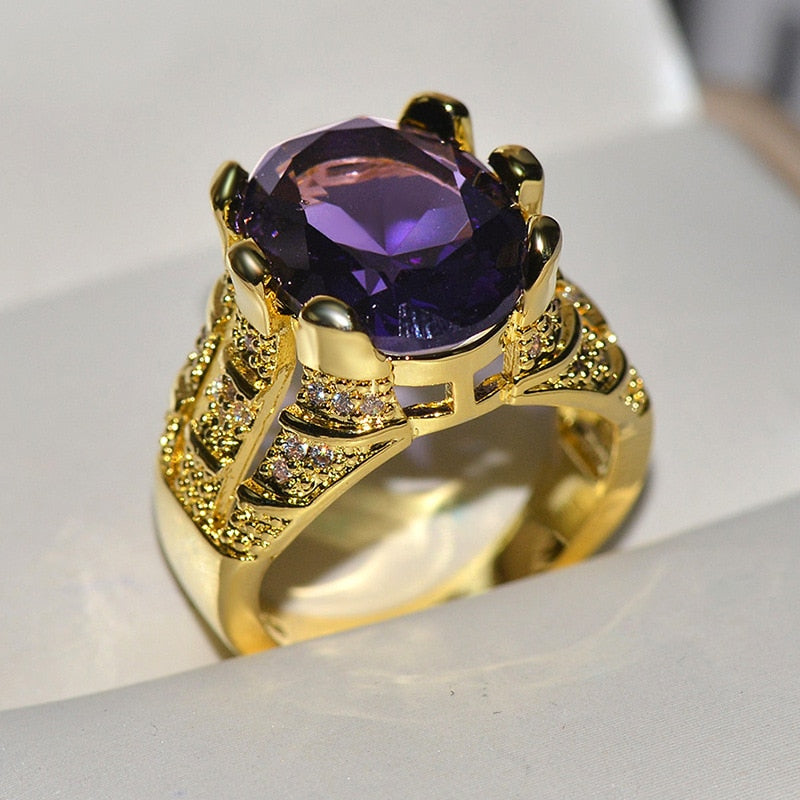 HOYON Natural Amethyst Gemstone Real 14 K Yellow Gold color for Women Anillos De Oval Invisible Setting Engagement Rings Box