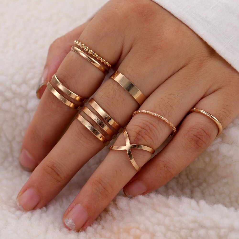 Aveuri Punk Gold Wide Chain Rings Set For Women Girls Fashion Irregular Finger Thin Rings Gift 2023 Female Jewelry Party