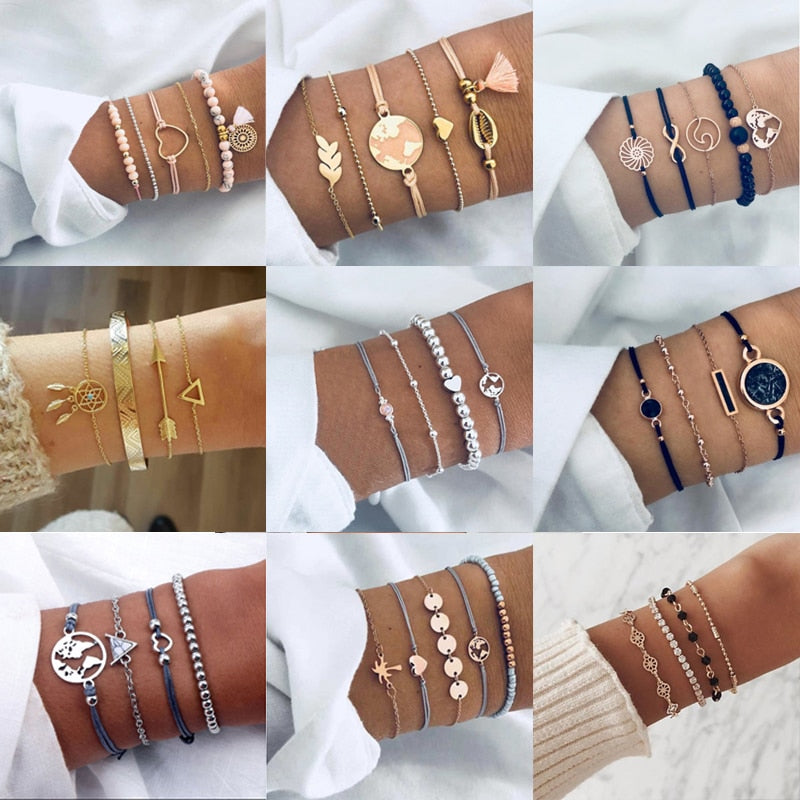 Aveuri Tocona Bohemian Beads Chain Bracelets Bangles for Women Fashion Vintage Heart Compass Gold Color Chain Bracelets Sets Jewelry