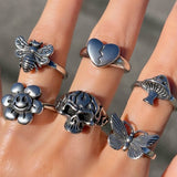AVEURI 2023 New Hip-Hop Creative Butterfly Crying Face Sun Flowers Gothic Heartbreak Skull Punk Rings For Women Fashion Jewelry
