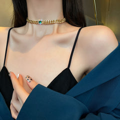 Christmas Gift Luxury Green Crystal Metal Chain Chooker Necklace For Woman 2024 Korean Fashion Jewelry Gothic Party Girl Sexy Clavicle Chain