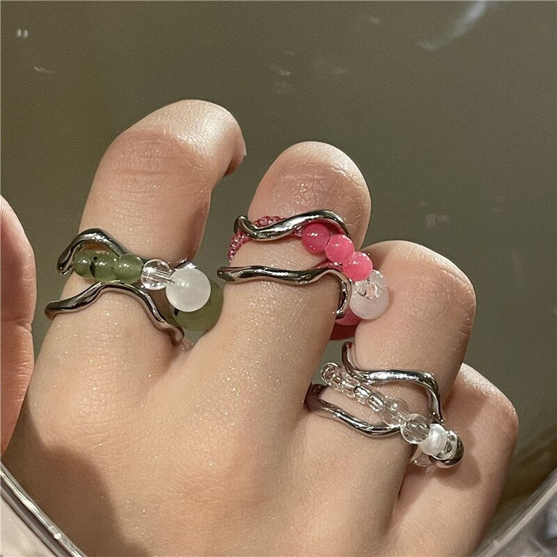 AVEURI Korean Fashion Summer Metal Geometric Hollow Color Beads Contrasting Color Aventurine Ring For Women Girl Jewelry