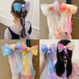 Aveuri 2022 Children's Hair Accessories Pearl Tassels Bows Ribbons Braided Hairpins Headdresses Summer Girls Princess Hairpins