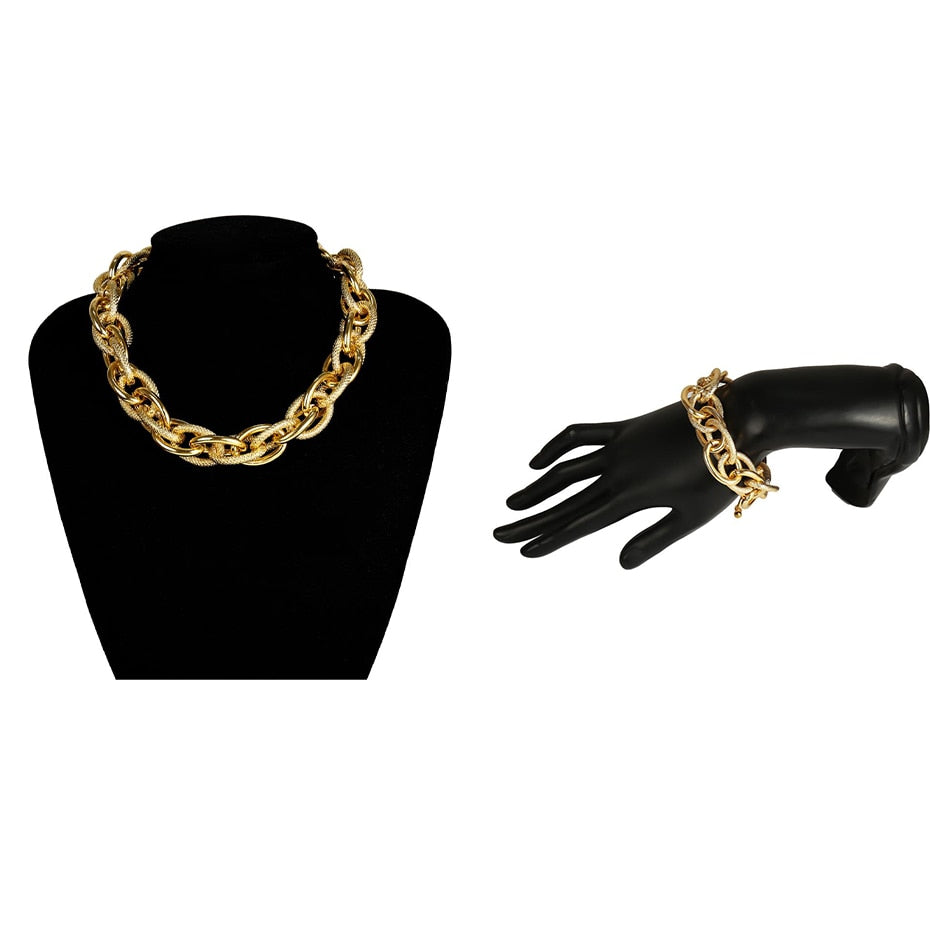 Aveuri Women Jewelry Set Punk Cuban Thick Chain Chunky Choker Necklace Bracelet Set Statement Gothic Gold Color Party Jewelry