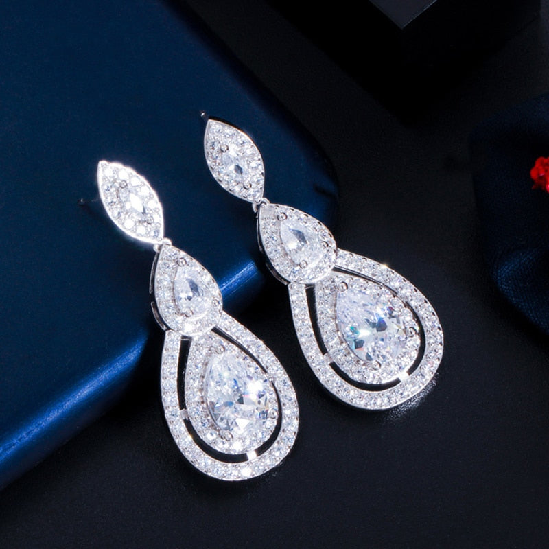 Christmas Gift Shiny White Cubic Zirconia Water Drop Earrings for Brides Wedding Evening Party Costume Jewelry Accessories CZ904
