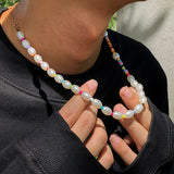 Aveuri Boho Colorful Handmade Beaded Short Collar Clavicle Chain Imitation Pearl Necklace for Men Women Girls 2023 New Korean Jewelry