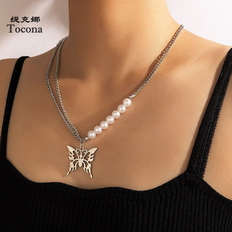 Aveuri  Luxury Pearl Stone Butterfly Pendant Necklace for Women Charms Silver Color Alloy Metal Party Jewelry Accessories Collar