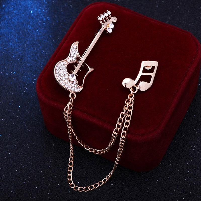 HUISHI Rhinestone Brooch Korean Luxury Rhinestone Music Note Brooch Guitar Tassel Chain Lapel Pins Men's Suit Buckle Pin For Men