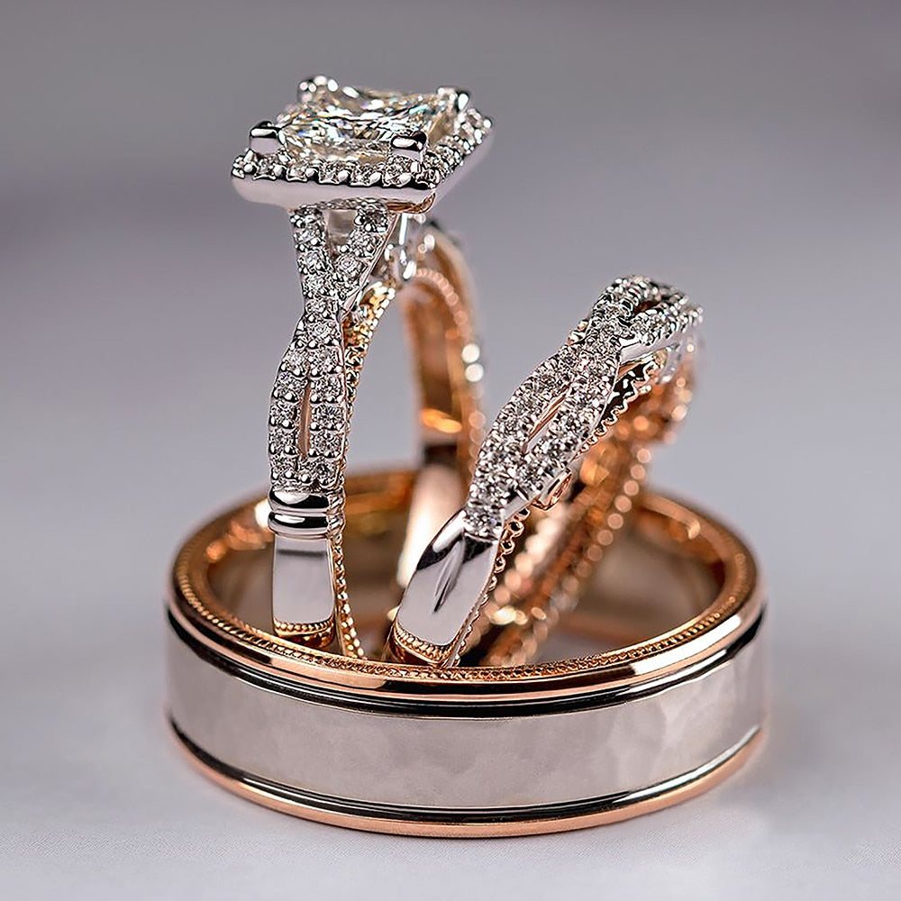 Aveuri Luxury Princess Cut Cubic Zircon Bridal Marriage Set Rings Elegant Accessories Brilliant Women Men Wedding Trendy Jewelry