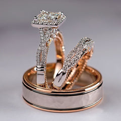 Aveuri Luxury Princess Cut Cubic Zircon Bridal Marriage Set Rings Elegant Accessories Brilliant Women Men Wedding Trendy Jewelry