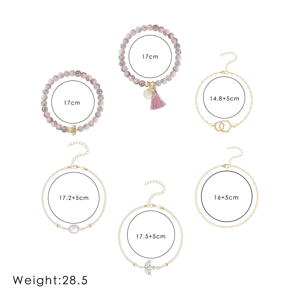 AVEURi 2023  Bohemian Pink Tassel Chain Bracelet Sets For Women Turtle Shell Flower Crystal Beaded Bracelets Jewelry