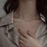 Aveuri Hot Fashion Sterling Silver Double-layer Moon Necklace Women Pendant Clavicle Chain Temperament Trendy Jewelry