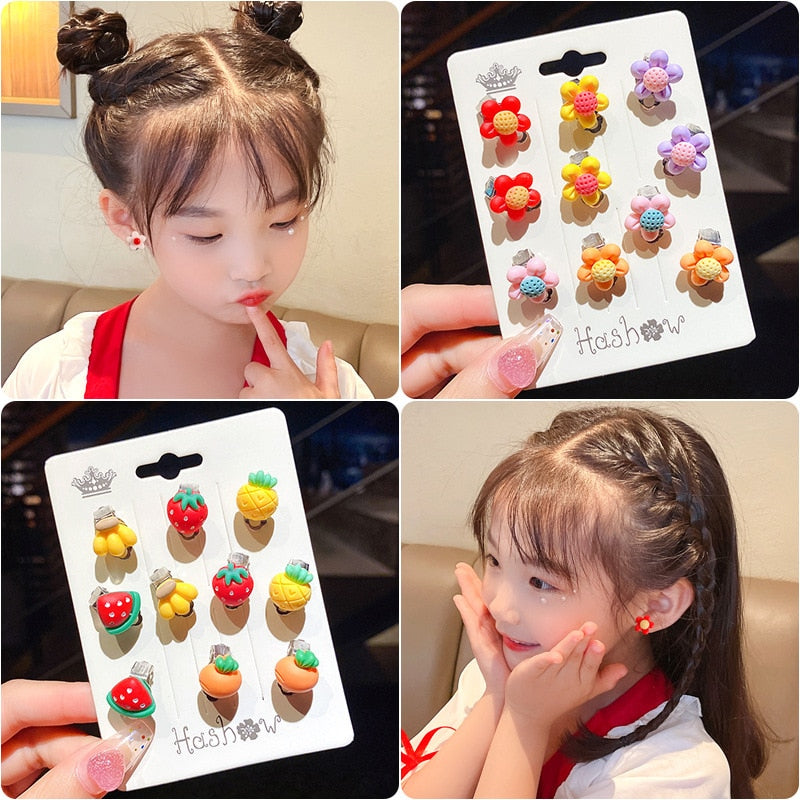 Back to school 2023 AVEURI 10Pcs/Set New Cartoons Ear Clip Girls Sweet Acrylic Stud No Pierced Anti-Pain Earrings Cute Earing Korean Kawaii Earring Jewelry