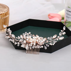 Aveuri Fashion Rose Gold Wedding Hair Comb Flower Tiara Handmade Pearl Rhinestone Headdress Prom Bridal Hair Jewelr Accessories