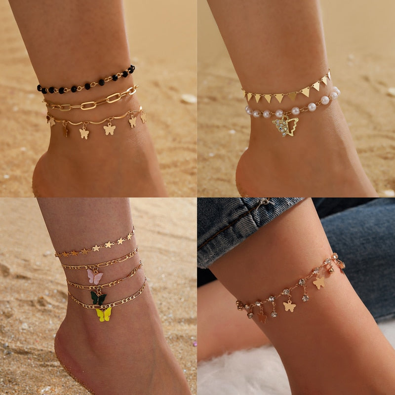 Aveuri Boho Butterfly Shiny Rhinestone Tassel Anklets for Women Colorful Bead Gold Alloy Metal Foot Chain Summer Jewelry 14121