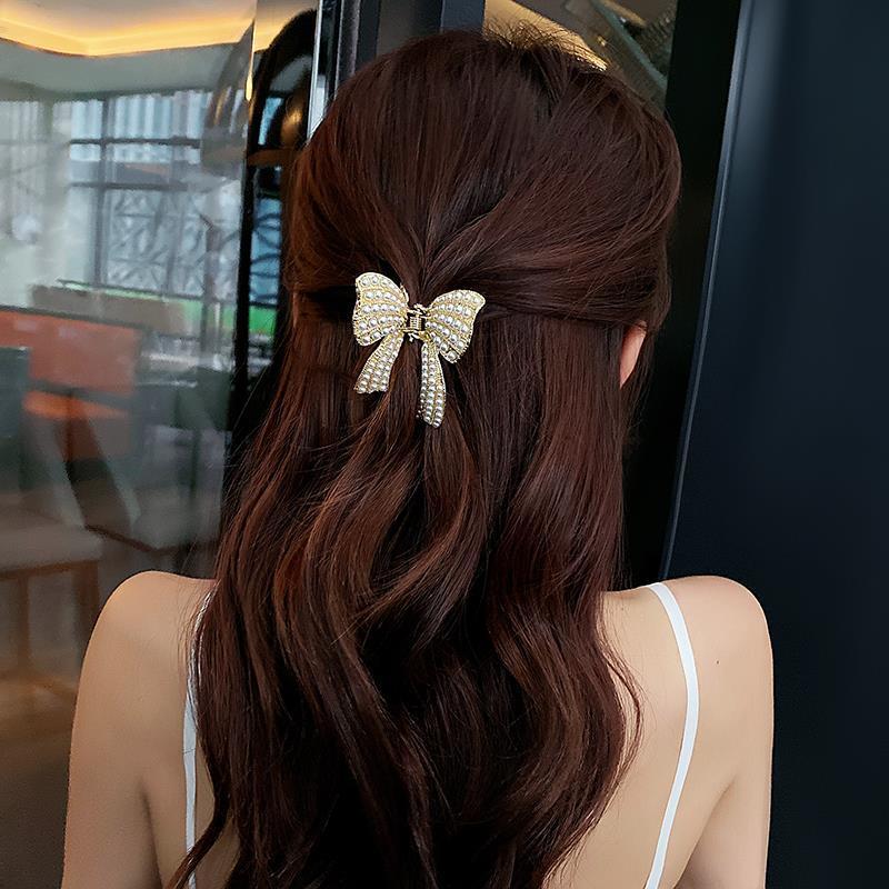 Aveuri Bowknot bead Hair Accessories Elegant Hairpin Temperament All-Match Grasping Clip Girl With Long Hair Refreshing Hairpin