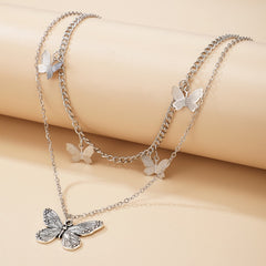 Tocona Pretty Butterfly Pendant Necklace for Women Vintage Silver Color Multi-layer Tassel Alloy Metal Adjustable Jewelry  15703