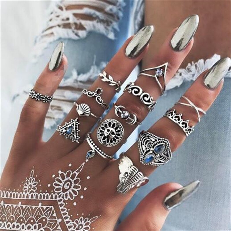 Aveuri Leaf Moon Crescent Rings for Women Antique Sliver Color Punk Knuckle Midi Ring Set Vintage  Jewelry Accessories Wholesale