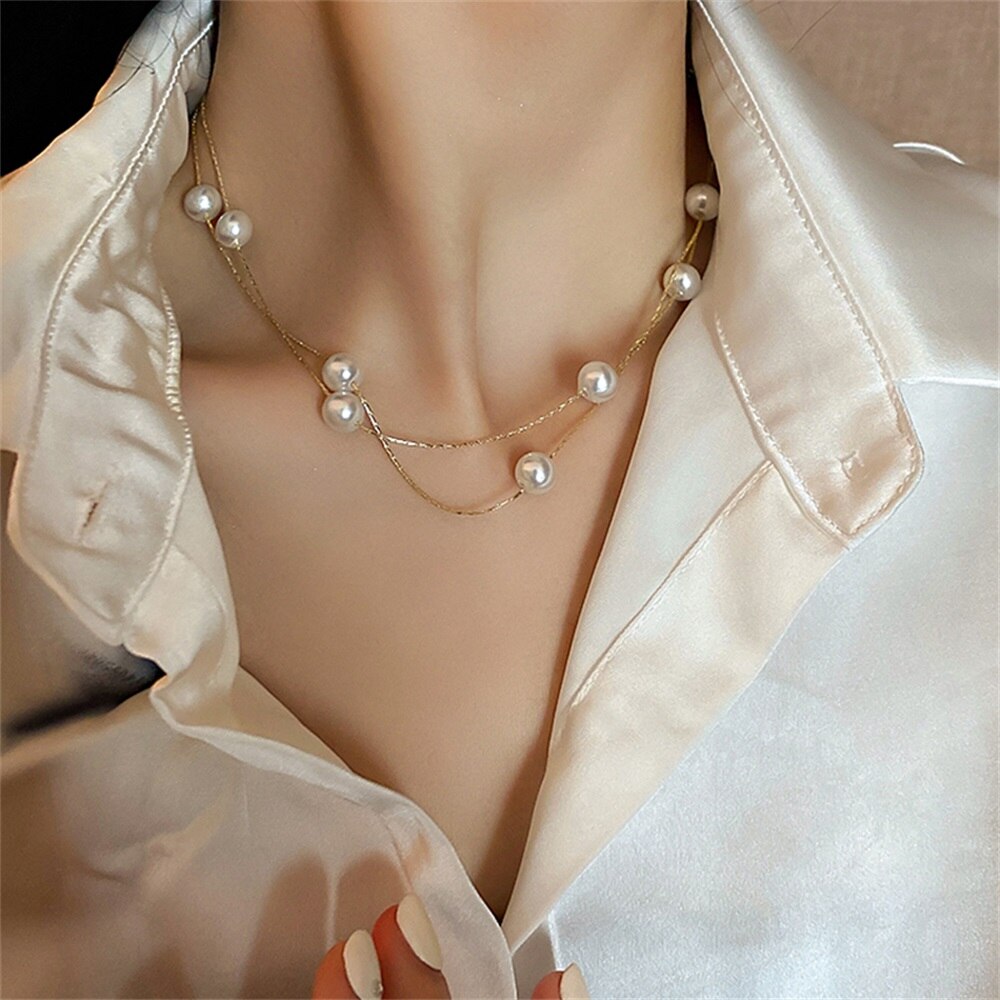 Aveuri 2023 New Fashion bead Chains Choker Necklace Cute Double Layer Women'S Neck Chain Pendant For Women Jewelry Girl Gift