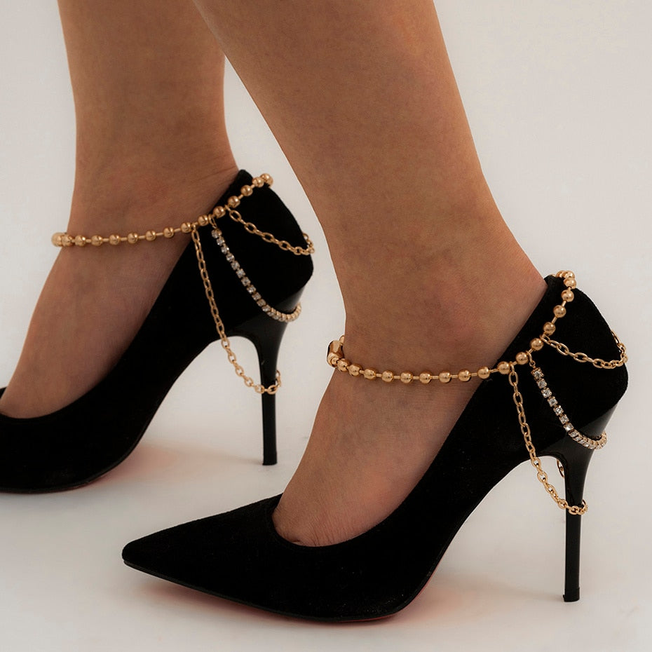 Aveuri Punk Aesthetic Crystal Chain Anklet for Women Boho Tassel Beads Bracelet on the Leg High Heels Decoration Sandals Summer Jewelry