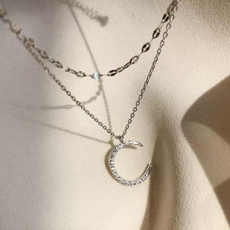 Christmas Gift Fashion Silver color Double-layer Moon Necklace Women Pendant Clavicle Chain Temperament Trendy Jewelry