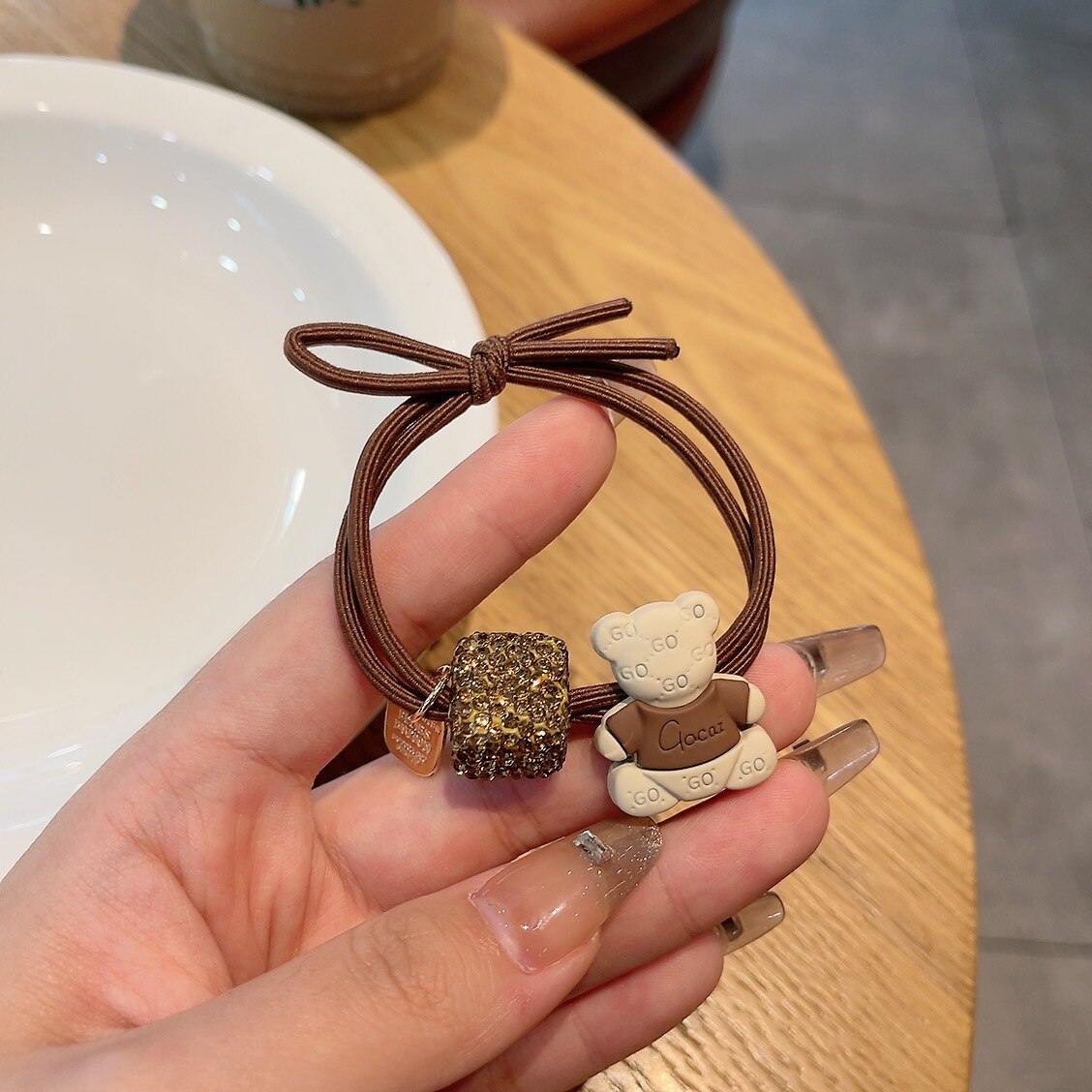 Aveuri 2023 The New Brown Coffee Color Crown Czech Diamond Bear Hair Ring Full Of Diamond Square Hair Rope Ball Head Rope