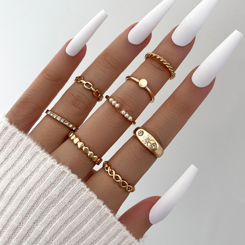 Aveuri 8pcs/sets Bohemian Geometric Rings Sets Clear Stone Gold Chain Opening Rings For Women Jewelry Accessories Gifts