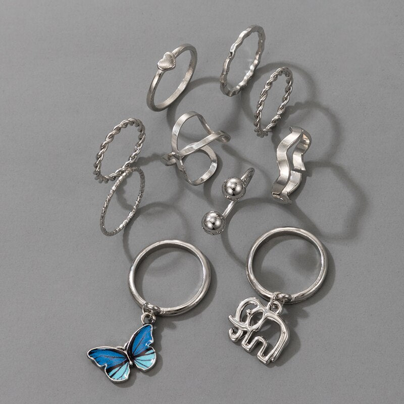 Aveuri 10pcs/sets Trendy Butterfly Elephant Joint Ring Sets for Women Charms Cross Open Ring Jewelry Accessories 18663